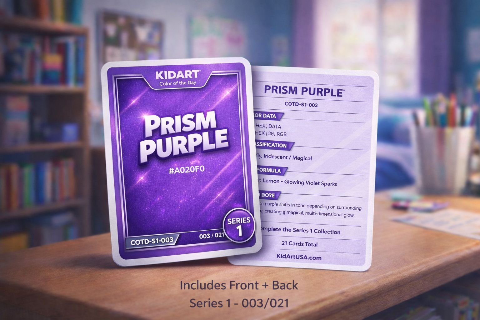 Prism Purple — #003/021 (Series 1) | KidArt Color of the Day Sticker Set (Front + Back)